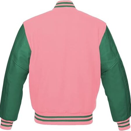 pink and green varsity jacket