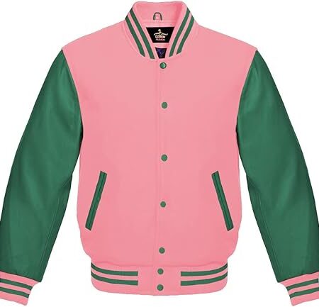 pink and green varsity jacket