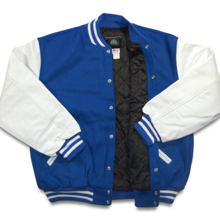 Front view of Blue Varsity Jacket.