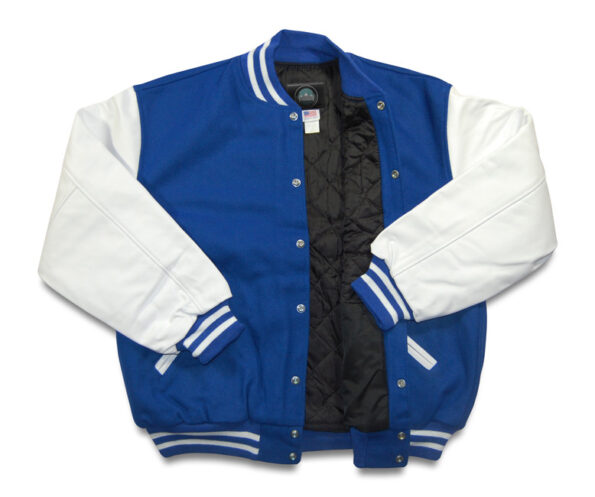 Front view of Blue Varsity Jacket.