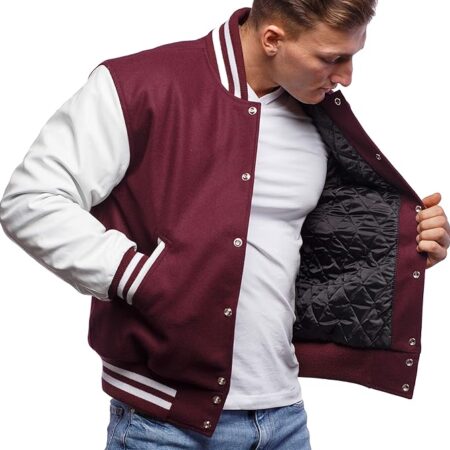 Faux Leather Varsity Jacket Maroon