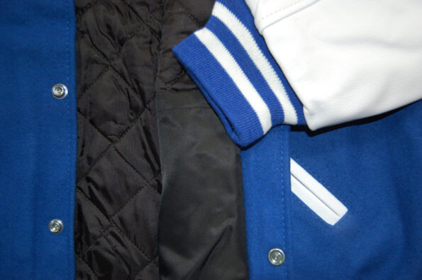 Close-up of Blue Varsity Jacket.