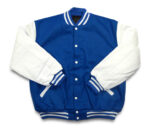 Front view of Blue Varsity Jacket.