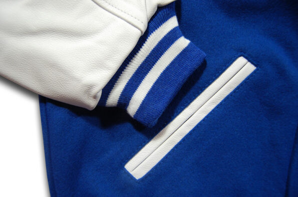 Close-up of Blue Varsity Jacket.