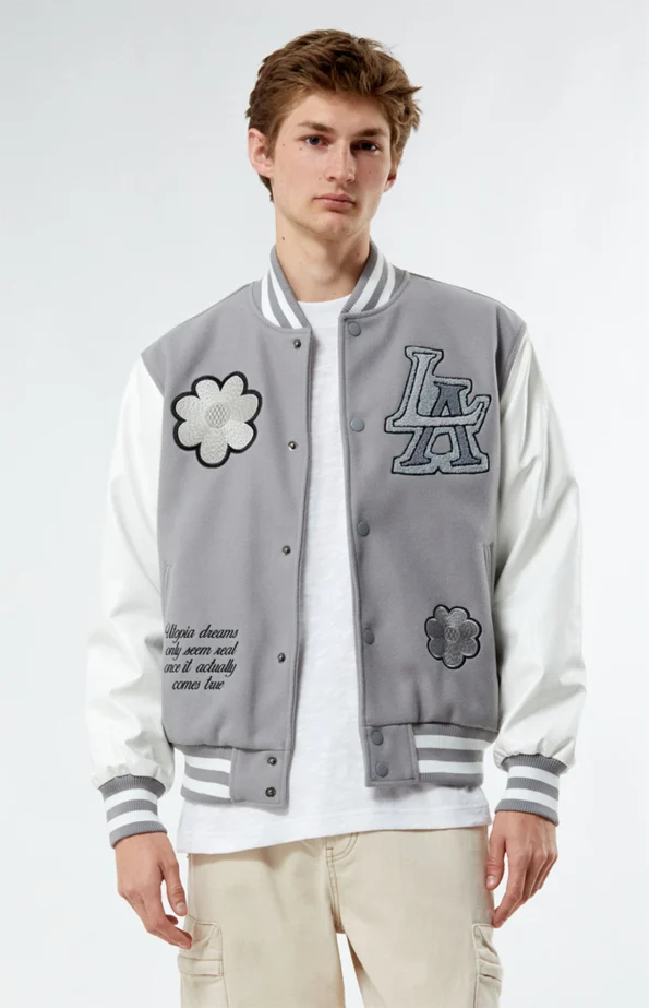 gray and white varsity jacket