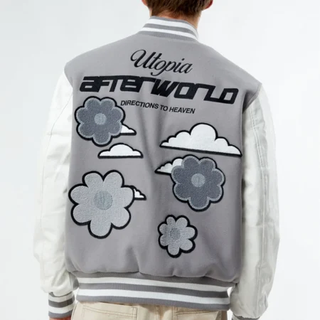 gray and white varsity jacket