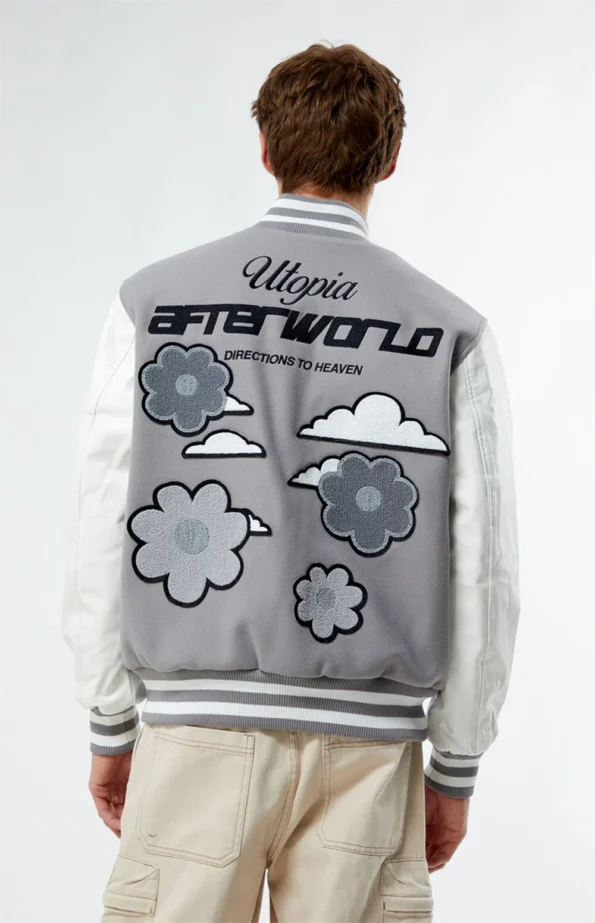 gray and white varsity jacket