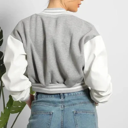 grey cropped varsity jacket