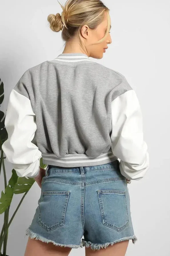 grey cropped varsity jacket