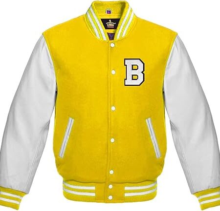 white and yellow varsity jacket