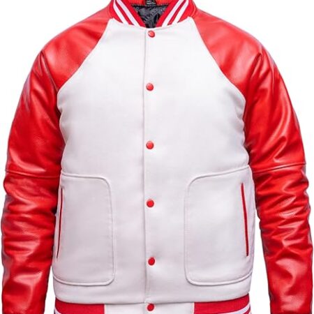 red and white leather varsity jacket