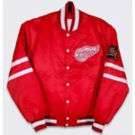 Front view of 80s Detroit Red Wings Red Bomber Jacket