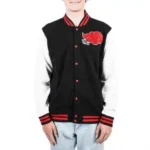 Model in Akatsuki Black and White Varsity Jacket, front view