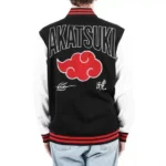 Model in Akatsuki Black and White Varsity Jacket, front view