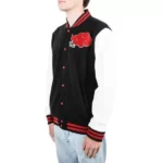 Model in Akatsuki Black and White Varsity Jacket, front view