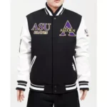 Model in Alcorn black and white varsity jacket, front view