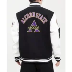 Model in Alcorn black and white varsity jacket, front view