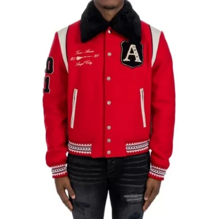 Model wearing Amiri Always on Point Varsity Jacket front view