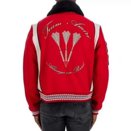 Model wearing Amiri Always on Point Varsity Jacket back view