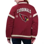 Model in Arizona Cardinals Varsity Jacket, front view