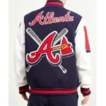 Model in Atlanta Braves Mash Up Varsity Jacket, front view