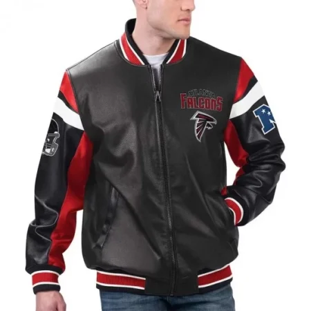 Model wearing Atlanta Falcons varsity leather jacket front view