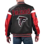 Model in Atlanta Falcons varsity leather jacket, front view