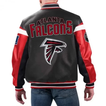 Model wearing Atlanta Falcons varsity leather jacket back view