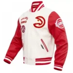 Front view of Atlanta Hawks Off White Varsity Jacket