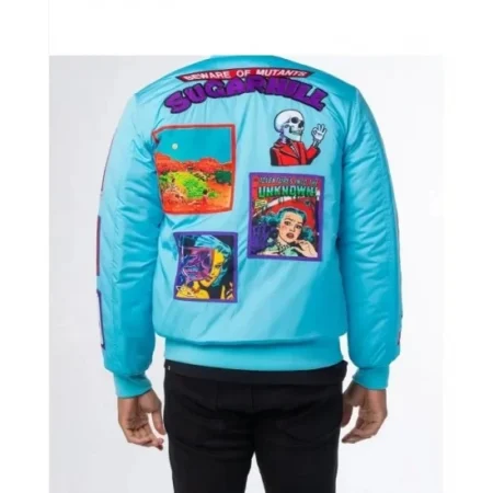 Model wearing Baby Blue Mutant bomber jacket back view