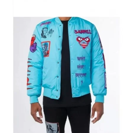 Model wearing Baby Blue Mutant bomber jacket front view