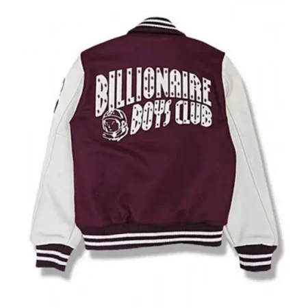 Back view of BBC maroon and white letterman jacket