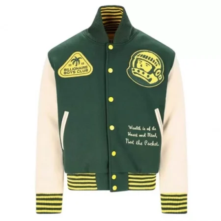 Front view of BBC patch button-up varsity jacket