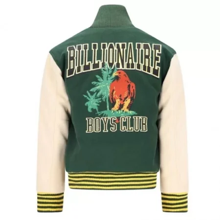 Back view of BBC patch button-up varsity jacket