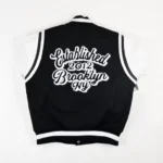 Front view of Brooklyn Nets Motto varsity jacket