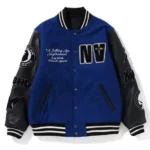 Front view of Bape NBHD blue varsity jacket