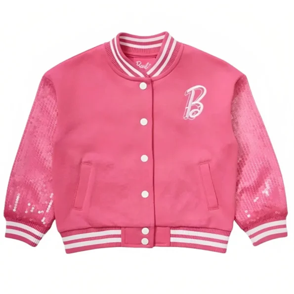 Front view of Barbie Embroidered Girls Varsity Jacket