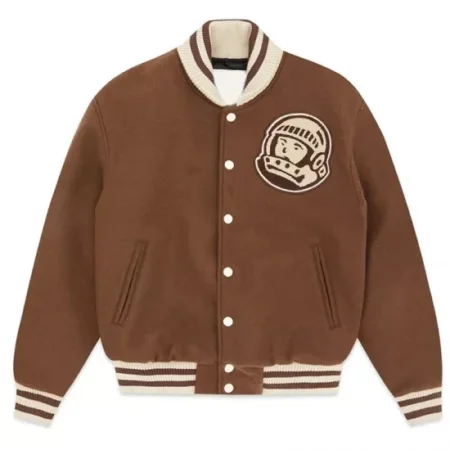 Front view of Billionaire Boys brown varsity jacket