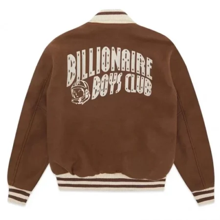 Back view of Billionaire Boys brown varsity jacket