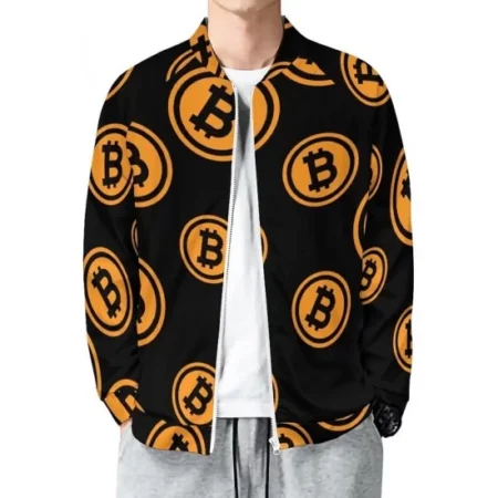 Model wearing Bitcoin Logo Bomber Jacket front view