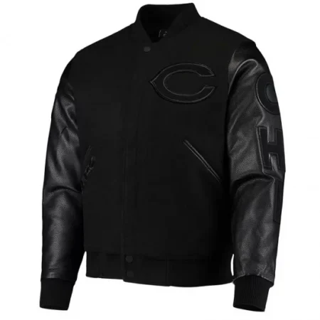 Front view of Black Chicago Bears logo varsity jacket