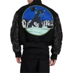 Model in Black Hammer Bomber Varsity Jacket, front view