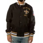 Model wearing Bomber New Orleans Saints Varsity Jacket front view