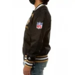 Model in Bomber New Orleans Saints jacket, front view