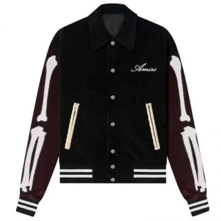 Front view of Bones Amiri Corduroy Black Varsity Jacket