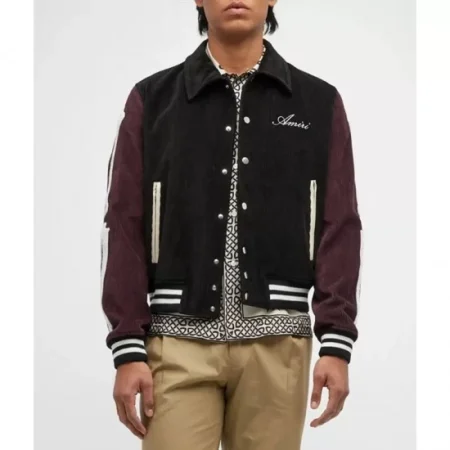 Model wearing Bones Amiri Corduroy Black Varsity Jacket front view