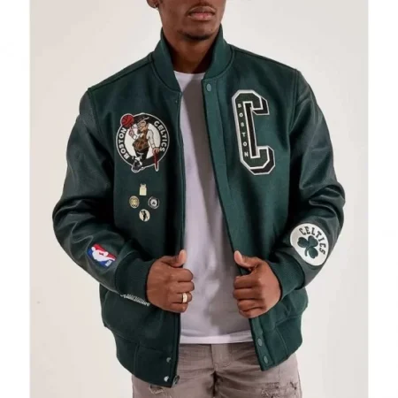 Model wearing Boston Celtics Dark Green Varsity Jacket front view