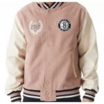 Model wearing Brooklyn Nets NBA Varsity Jacket front view