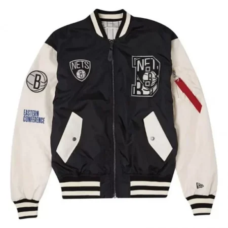 Front view of Brooklyn Nets New Era bomber jacket