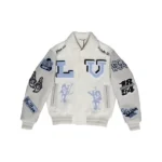 Front view of Bunny Cream varsity jacket